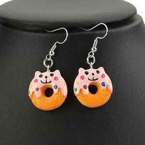 Cat Theme Pink Sprinkled Donut Drop Earrings